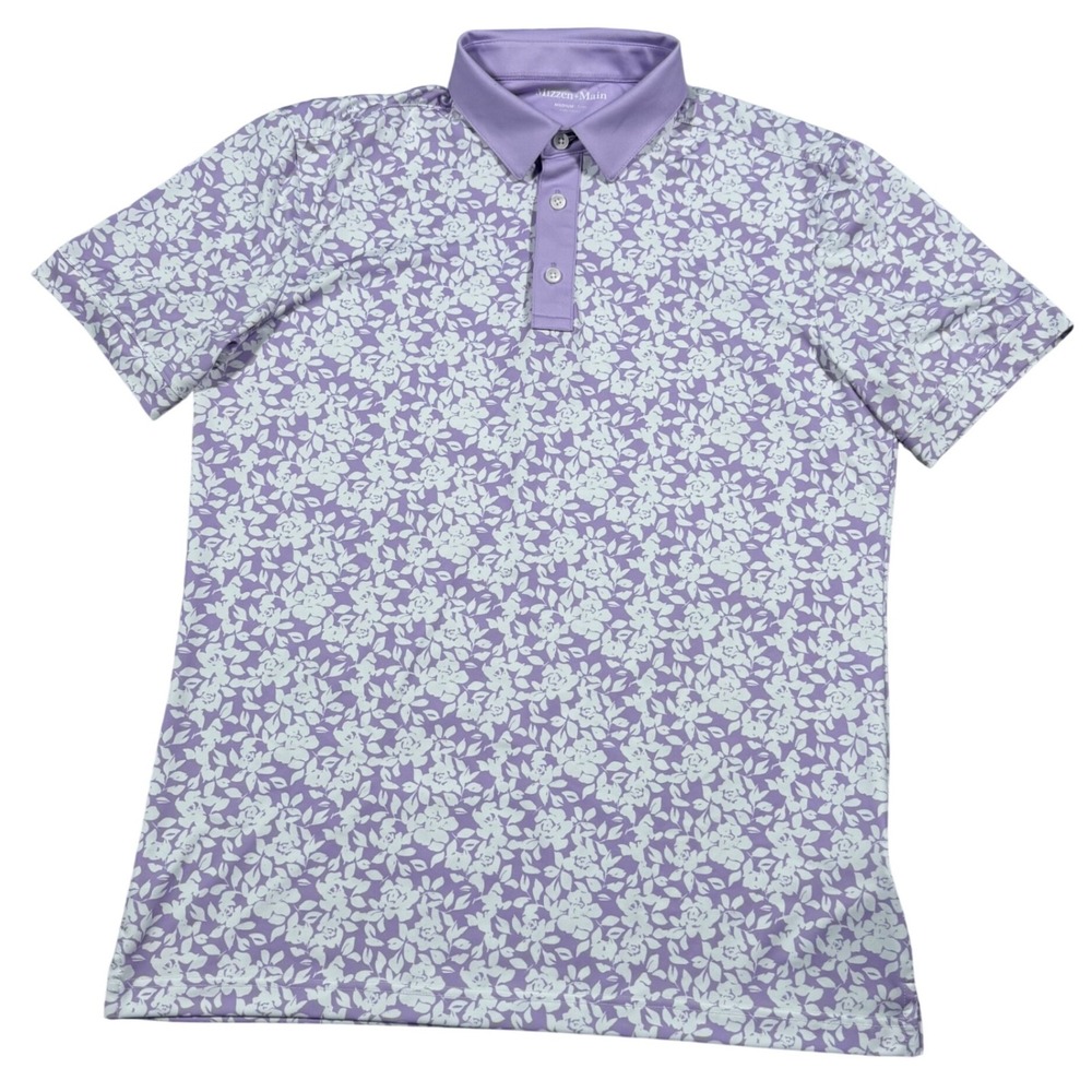 Mizzen+Main Polo Mens Medium Purple Floral Rose Performance Trim Fit Short Slv